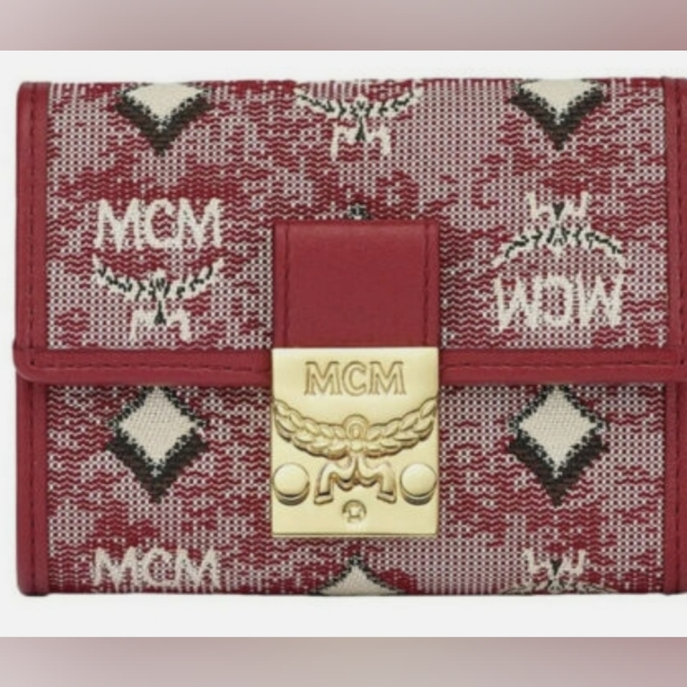 NWT MCM Mini Trifold Wallet in Vintage Jacquard Monogram & Red Leather